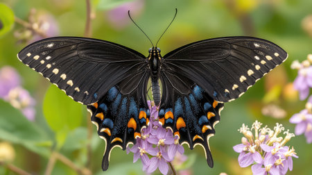 Close-up of a butterfly on a flower with blurred sunny garden background, natural joy and wonder with spaceの素材