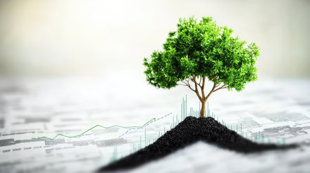 Concept of financial prosperity with upward trending financial graphs, successful stock investments, and positive economic data in a modern digital environment.の素材