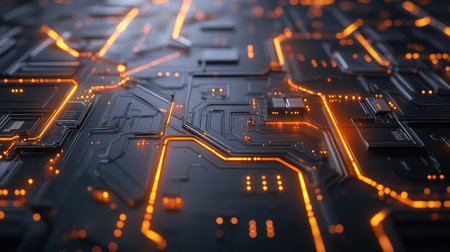 Close-up of interconnected artificial neurons and circuits glowing in a dark space, illustrating neural networksの素材