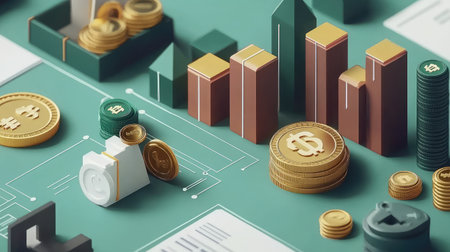 Financial planning visualization with rising bar charts, pie graphs, and interactive spreadsheets representing careful and calculated wealth growthの素材