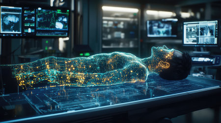 Data-driven healthcare technology with AI algorithms analyzing patient information through glowing interconnected nodesの素材