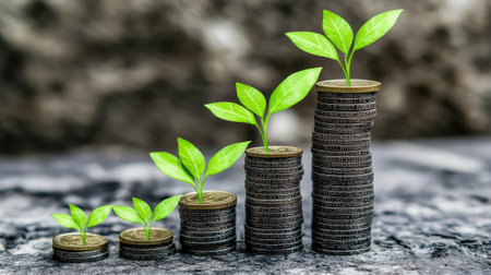 Concept of wealth and financial prosperity symbolized by growing bar graphs, successful investments, and positive financial data displayed in a modern workspace.の素材