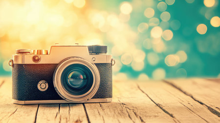 Digital camera on a wooden desk with glowing bokeh background, creativity and memory-making techの素材