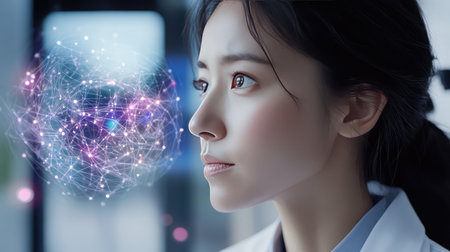 Digital representation of AI-based medical care, optimizing health outcomes with glowing data and neural network connectionsの素材