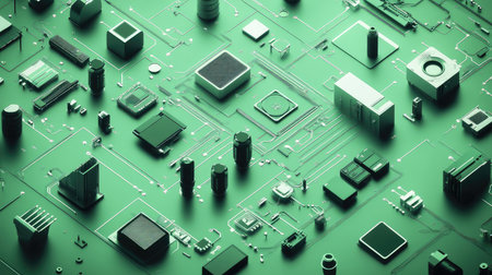 Cybernetic system diagram with sensors, control units, and actuators on a clean gradient backgroundの素材
