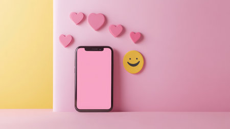 Floating heart, smiley, and comment icons above smartphone with clean interface and blank screen for brandingの素材