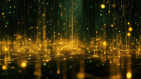 Floating digital nodes and interconnected neurons, symbolizing the flow of data in an artificial neural networkの素材