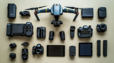 Flat lay of photography gear, camera, drone, and tablet for content creators, laid out neatly on neutral surfaceの素材