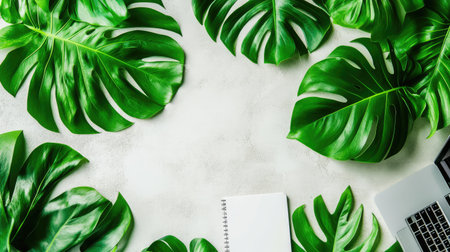 Open laptop with clean screen, notebook, and plant in a bright workspace with neutral tones and free space for designの素材