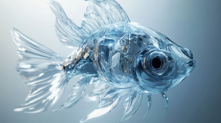 Robotic fish swimming in clear water tank with tech design, futuristic bio-AI experiment conceptの素材