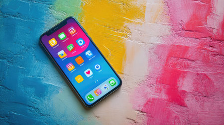 Smartphone laying flat on colorful textured table with floating app notification symbols and free space aboveの素材