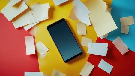 Smartphone laying flat on colorful textured table with floating app notification symbols and free space aboveの素材