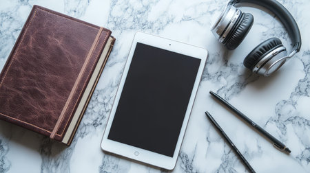 Top view of tablet with stylus, headphones, and digital planner on a marble table, modern tech lifestyle with space to add textの素材