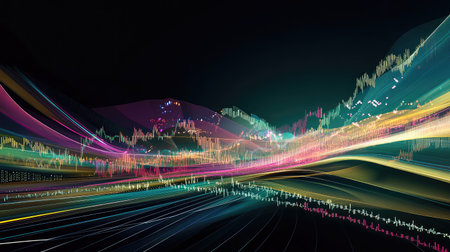 Visualization of stock market performance with colorful trend lines, candlestick charts, and financial data points displayed in a sleek digital environment.の素材