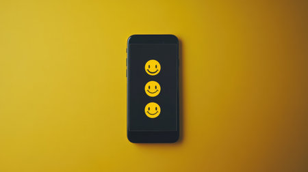 Smartphone with smiley emoji notifications on vibrant background, symbol of joyful digital communicationの素材