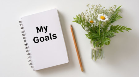 A clean and inspiring workspace featuring a notebook with the words "My Goals," a pencil, and a fresh flower bouquet, ideal for motivation and planning.の素材