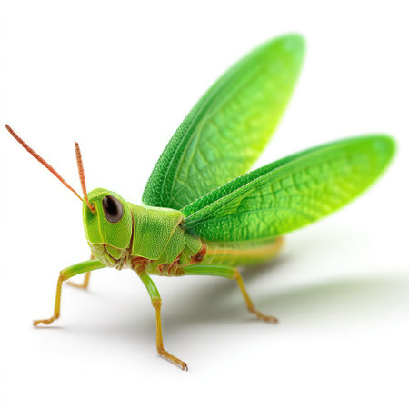 A captivating macro photograph showcases an exquisite green grasshopper poised elegantly, highlighting its intricate wings and vibrant color against a clean white backdrop.の素材