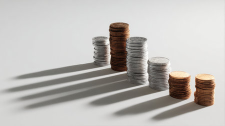 A visually striking arrangement of coins in ascending heights that symbolizes financial growth, investment potential, and economic progress on a soft, light backdrop.の素材
