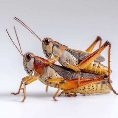 Two crickets are showcased in a close-up view, emphasizing the intricate details of their anatomy and unique features, perfect for nature and insect photography enthusiasts.の素材