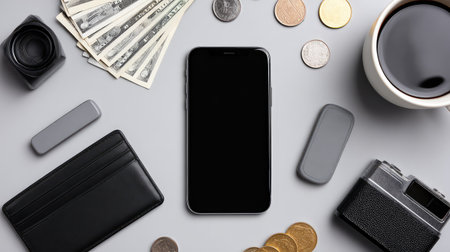 A stylish flat lay featuring a smartphone, cash, coins, a wallet, and a cup of coffee, perfect for illustrating daily life, finance, and productivity themes.の素材