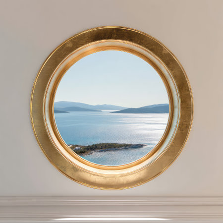 A beautiful round window offers a stunning view of serene waters and hills, framed by elegant gold, perfect for conveying tranquility and luxury.の素材