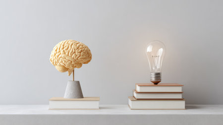 A visual metaphor for creativity and knowledge, featuring a brain sculpture and a glowing light bulb on books, ideal for themes related to learning and inspiration.の素材
