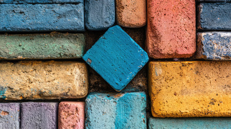 A close-up view of textured bricks in various colors creating a vibrant mosaic. This image captures the beauty of diverse hues, perfect for artistic themes and backgrounds.の素材