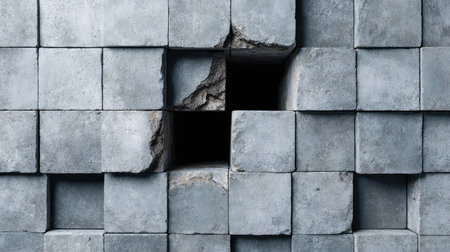 An abstract image of a gray concrete block wall featuring a noticeable gap. This artwork captures industrial texture and minimalistic design, ideal for various creative projects.の素材