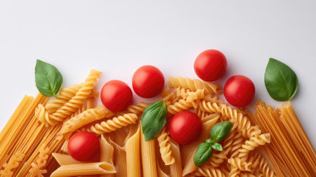 A beautiful flat lay of various pasta shapes alongside ripe tomatoes and fresh basil leaves, perfect for showcasing culinary art and healthy recipes in food photography.の素材