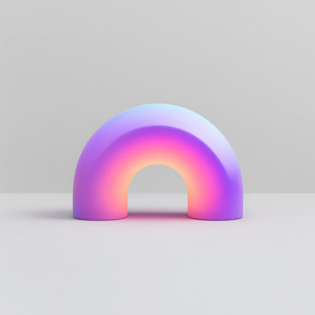 A soft, minimalist rainbow arch in pastel hues of blue, pink, and purple rests on a smooth gray surface, ideal for creative design inspiration and stylish decor elements.の素材