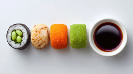 A beautifully arranged selection of sushi rolls in various colors next to a bowl of soy sauce, showcasing delicious flavors and artistry of Japanese cuisine.の素材