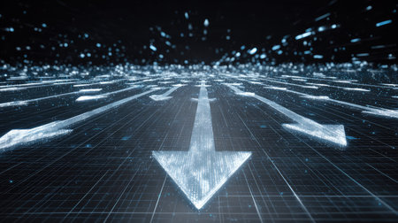 Digital arrows illustrate movement and progression in a high-tech environment, showcasing a mesmerizing flow of particles and lines against a sleek background.の素材