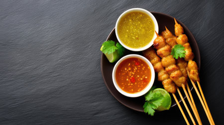 Enjoy a delightful view of grilled chicken skewers accompanied by rich dipping sauces and fresh lime wedges, perfect for culinary enthusiasts and food lovers.の素材