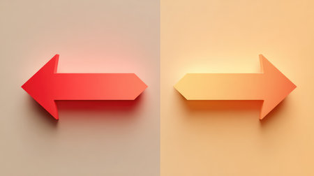 A striking pair of arrow illustrations featuring red and yellow gradients set against soft beige backgrounds, ideal for direction and navigation themes in digital and print media.の素材