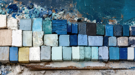 An intriguing arrangement of colorful building blocks in various shades of blue and aqua, perfect for creative projects and interior design inspirations.の素材