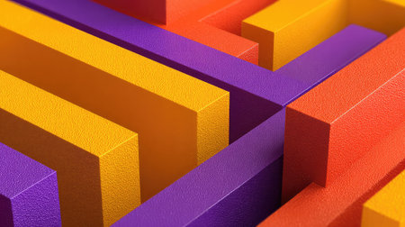 Explore a captivating abstract composition of vibrant blocks in orange, purple, and yellow, creating a dynamic maze-like structure ideal for design and art projects.の素材