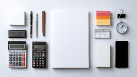 This image showcases a minimalistic office workspace featuring organized stationery, a calculator, a smartphone, and various writing tools, ideal for professionals and students.の素材
