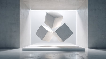 A captivating image featuring floating geometric cubes in a minimalist space, showcasing a blend of modern design and abstract art with gentle, illuminating light.の素材