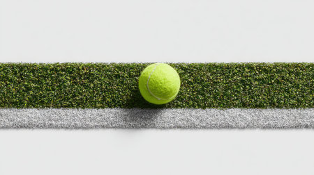 A vibrant yellow tennis ball sits on a green grass court, showcasing the energy and excitement of the game. The contrasting white line adds depth to the scene.の素材