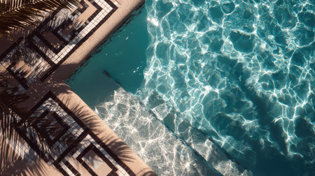 This captivating aerial shot showcases a bright, sparkling pool with intricate tile patterns, reflecting sunlight and evoking a sense of relaxation and tropical ambiance.の素材