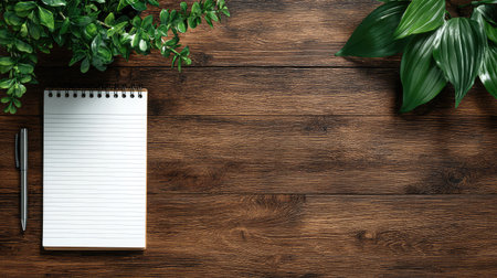 An inviting workspace featuring a blank notepad and a pen, framed by fresh greenery on a rustic wooden surface, ideal for creative planning and calming inspiration.の素材