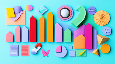 Digital representation of financial planning, with rising bar charts, investment symbols, and budget reports for tracking financial successの素材