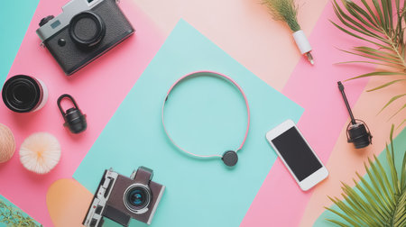 Flat lay of vlogger equipment including camera, mic, ring light, and phone on colorful background with spaceの素材