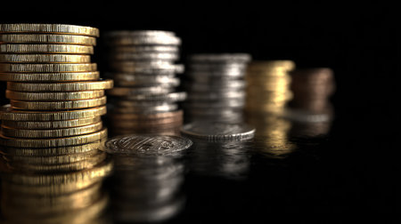 A visually engaging composition featuring stacks of coins in various metals arranged on a reflective surface, creating a striking aesthetic representation of finance and investment themes.の素材