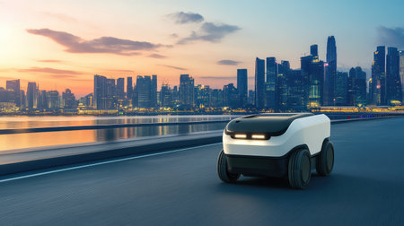 A futuristic delivery robot on a smooth road with cityscape background, innovation in transportation and serviceの素材