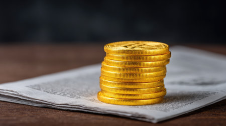 A visually striking arrangement of stacked gold coins resting on a crumpled newspaper, evoking themes of finance and investment with a touch of elegance and sophistication.の素材