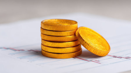 A close-up view of stacked golden coins resting on a financial graph, representing investment strategies, wealth management, and economic trends in a modern financial landscape.の素材