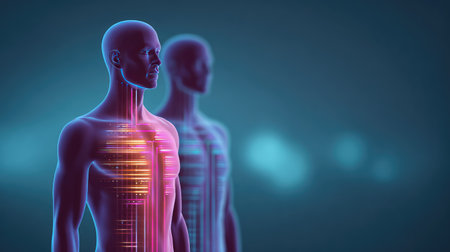 Vibrant 3D visualization of human anatomy with colorful lighting highlights internal structures, ideal for educational resources, medical illustrations, and scientific insights.の素材