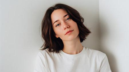 A young woman with a relaxed expression is captured in a minimalistic indoor setting. Her natural beauty and simple style highlight a sense of calm and confidence in a modern atmosphere.の素材