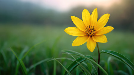 A single vibrant yellow flower reaches towards the sky, standing out in a lush green field while morning light creates a serene and dreamy background. Perfect for nature lovers.の素材
